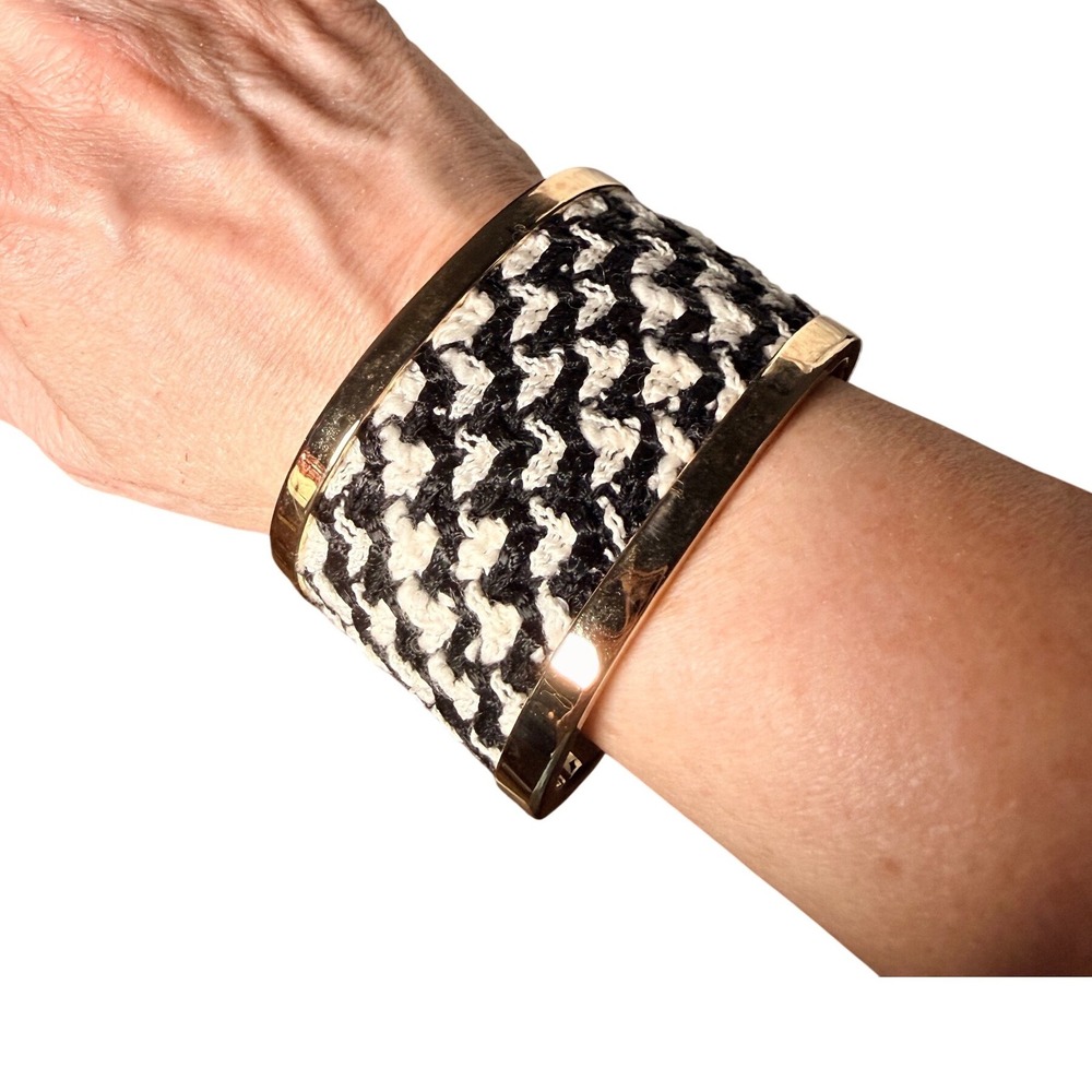 St. John Gold Tone Wide‎ Cuff Bracelet Black White Knit Inlay Statement Jewelry
